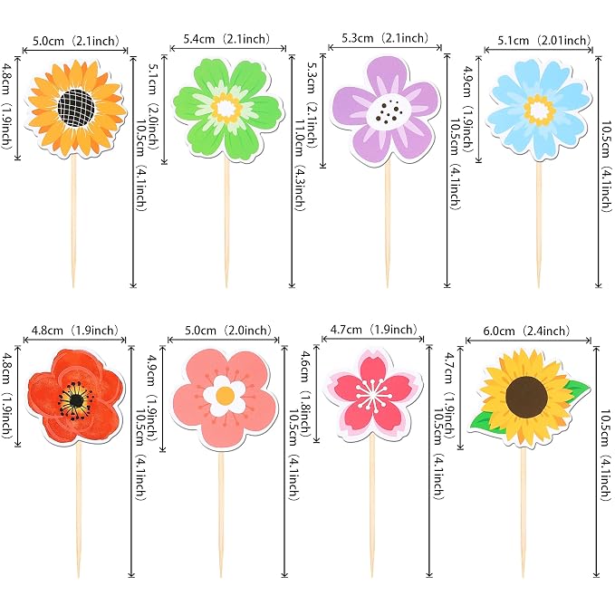 40 PCS Summer Flowers Cupcake Toppers Double Sided Colorful Sunflower Cupcake Picks Daisy Flower Cake Decorations for Summer Haiwaii Theme Baby Shower Wedding Birthday Party Supplies