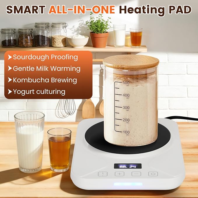 Sourdough Starter Warmer with 1°F Thermostat Control(70-100℉)24H Timer Memory Function Heating Pad for Fermentation, Heating Mat for Home Baking Fits Jars Up to 40oz (White)