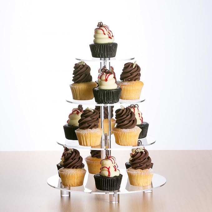 4 Tier Cupcake Stand, Round Acrylic Cupcake Tower, Multi Tiered Cake Stand, Large Clear Holder for Dessert Table Display, Weddings, Graduations, Birthday, Tea Party, Baby Shower, Donut Tree, Pastry