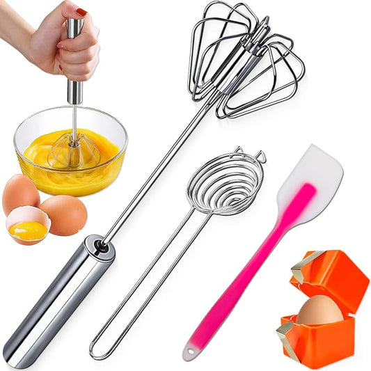 Semi-automatic Whisk, Stainless Steel Egg Whisk, Hand Mixer Egg Beater, Egg Spinner, Wisking Tool, Hand Push Mixer Stirrer for Blending, Whisking, Beating & Stirring (12in)