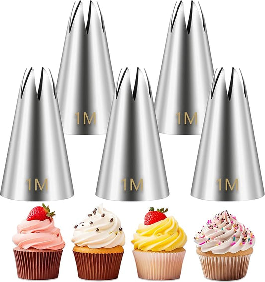 Suuker 1M Piping Tips, Stainless Steel Large Star, 5 Pieces | Seamless, Cupcake Pastry Tips, Cookie and Cake Decorating, DIY Cream