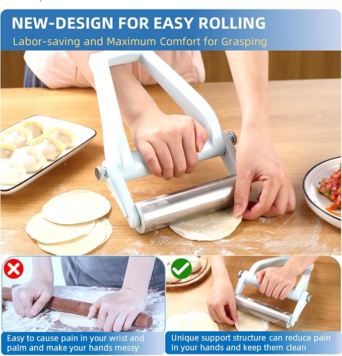 Rolling Pin with Adjustable Labor-Saving Design, 6 Inches Stainless Steel Dough Roller, Ideal for Home Kitchen Baking, Pizza, Pastry, Pasta, Fondant, Pie, Tortillas, Dumpling, Cookie