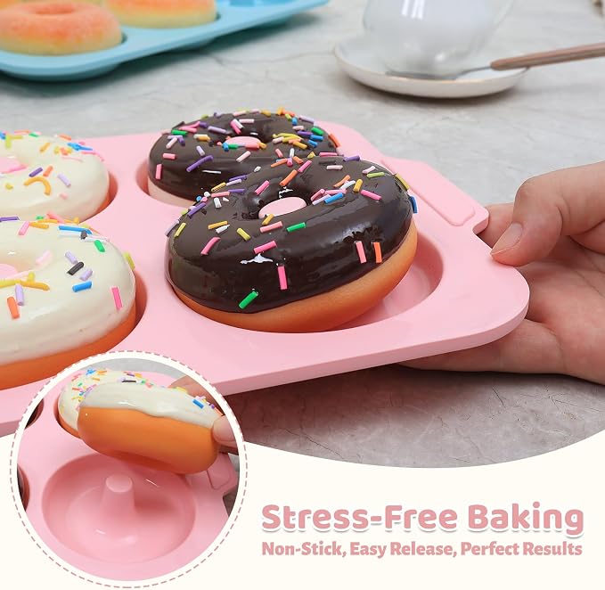 3.5 Inch Nonstick Silicone Donut Pan for Baking with Metal Frame, 1 Pack Donut Molds for Baking, 6 Cavity Doughnut Pan for Oven and Bagel Trays Non Toxic with Handle (Pink)