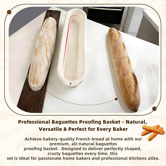 6-Pack 15 Inch Long Baguettes Proofing Baskets, Sourdough Banneton with 6 Linen Liner Covers, French Bread Baking Supplies