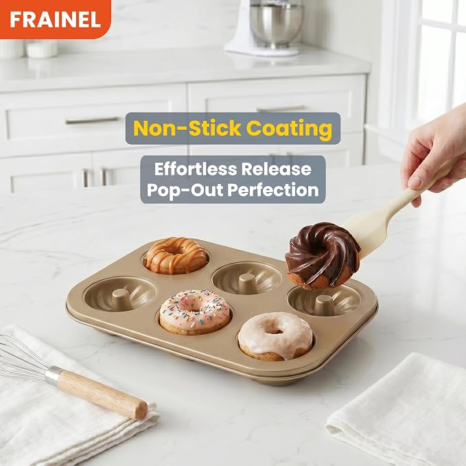 6-Cavity Donut Pan for Baking, Non-Stick Carbon Steel Doughnut Molds with 3 Unique Shapes (Petal, Swirl & Classic), Heavy-Duty Bagel & Mini Bundt Tray, Champagne Gold