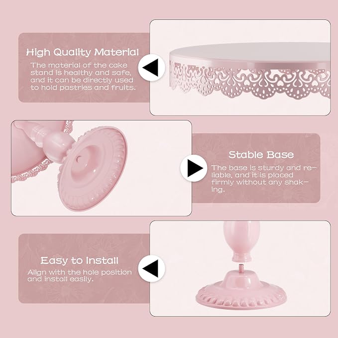 3 PCS Pink Cake Stands (8"&10"&12" Plate), Cupcake Stand with a lace Hollow Border Metal Cake Stand Set for Birthday Party, Wedding, Anniversary, Baby Shower