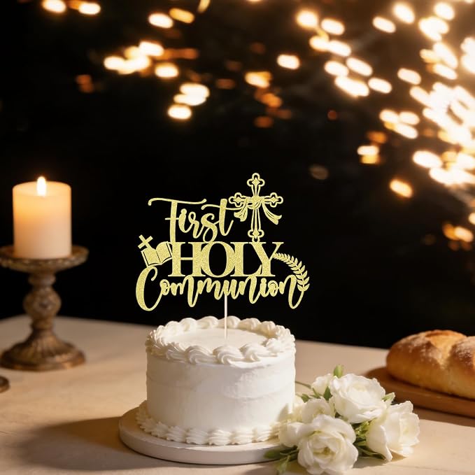 Gold glitter First Holy Communion Cake Topper-Suitable for Ramadan, Baptism, Religious Baptism,Baby Shower, God Bless, Communion Party, Wedding, Communion Party Decoration Supplies