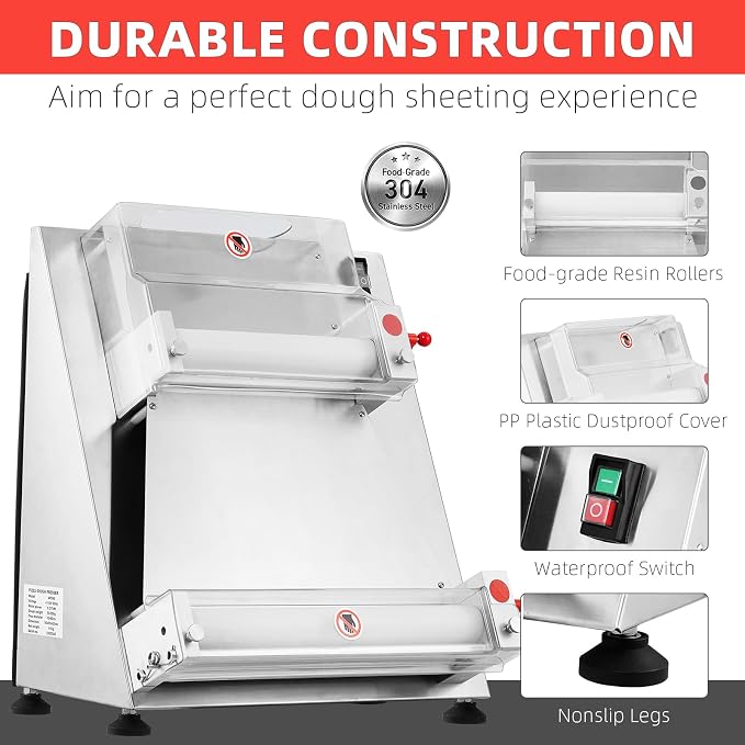 Commercial Pizza Dough Roller Sheeter, Max 16", Towallmark Automatic 370W Electric Pizza Dough Roller, Stainless Steel, Suitable for Noodle, Pizza Bread and Pasta Maker Equipment