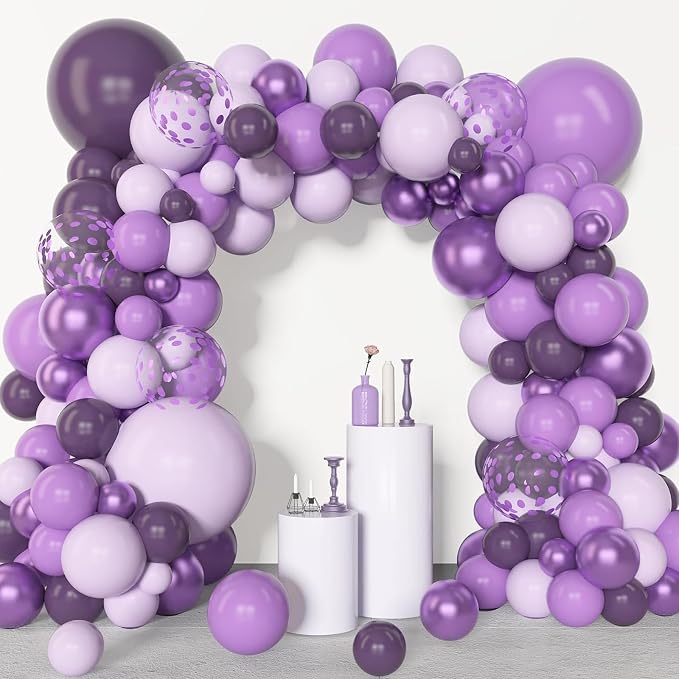 Archloon 156pcs Purple Balloon Garland Arch Kit, Different Sizes 18 12 10 5 inch Lavender Latex Metallic Confetti Purple Balloons for Halloween Wedding Birthday Baby Shower Party Decorations Supplies