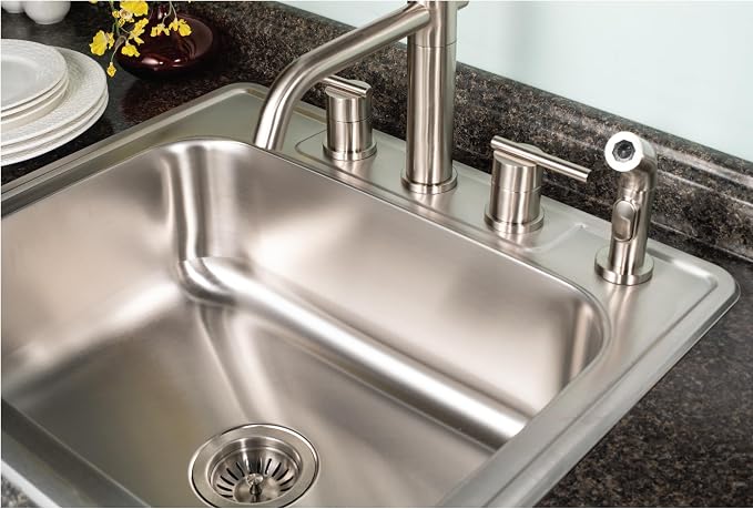Houzer Glowtone Stainless Steel Kitchen Sink: 25 Inch Drop-in Topmount 4-Hole Single Bowl with Strainer, Durable & Versatile, Essential for Home & Apartment: 2522-9BS4-1