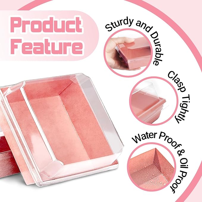 50 Pack Plastic Charcuterie Boxes with Clear Lids, 5" Small Paper to Go Food Container for Sandwich Salad Snack, Disposable Mini Bakery Dessert Boxes for Cupcakes Slice Cookies Strawberry Pink