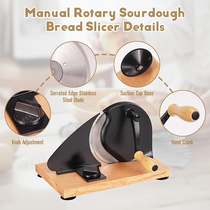 Manual Bread Slicer, Versatile Hand-Crank Bread Slicer for Bakeries, Coffee Shop, Home Kitchen with Suction Cup Can Adjustable Thickness