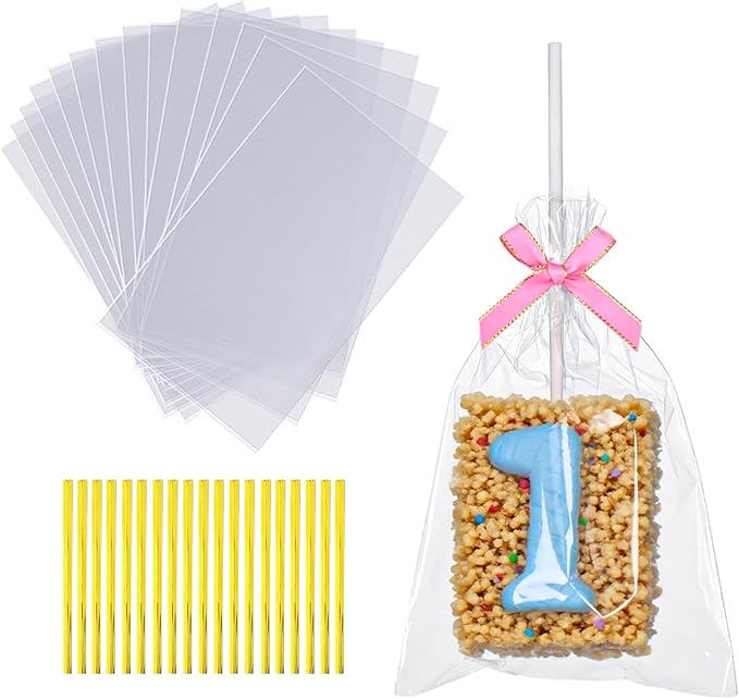ROSPAKTEK 200 Pcs 4x6 Inch Clear Rice Krispie Treat Bags - Rice Kit Cakesicle Bags for Marshmallow, Macaron Pop, Candy, Apple Cookies, Cake Ore Pop Packaging (Individually Wrapped)