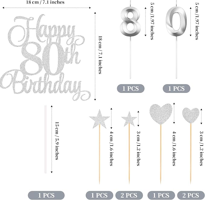 80th Birthday Cake Decorations, 80th Birthday Candles Cake Numeral Candles and Glitter Happy 80th Birthday Cake Toppers Set for Birthday Party Supplies (Silver)