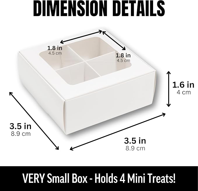 100 pcs White Mini Truffle Box for 4 Treats with Window and Dividers, Bakery Boxes, 3.5 x 3.5 x 1.57 Inches VERY SMALL Baking Boxes, Square Truffles Box for Gift Giving