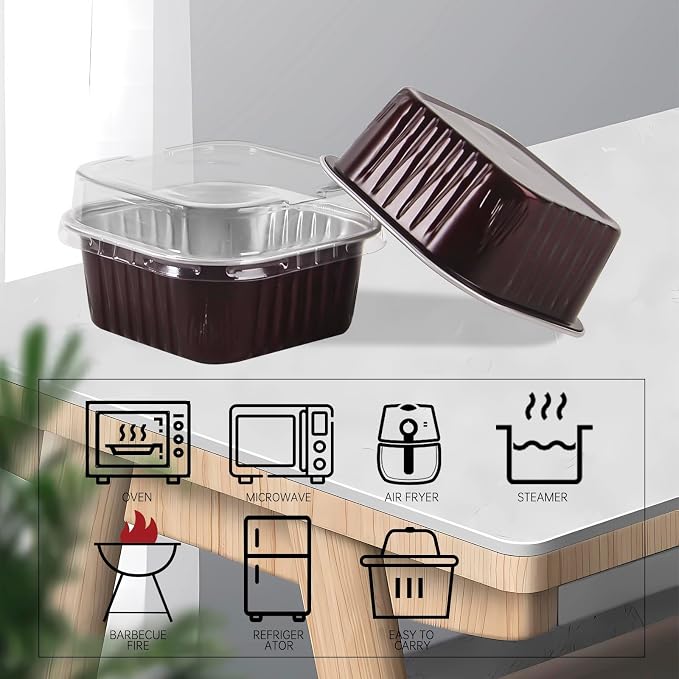 50 Pcs Mini Square Baking Cups with Lids,5oz Aluminum Foil Mini Cake Pans with Lids,Disposable Ramekins Cake Pans,150ml Dessert Cups Cupcake Pans for Wedding Birthday Party,Coffee