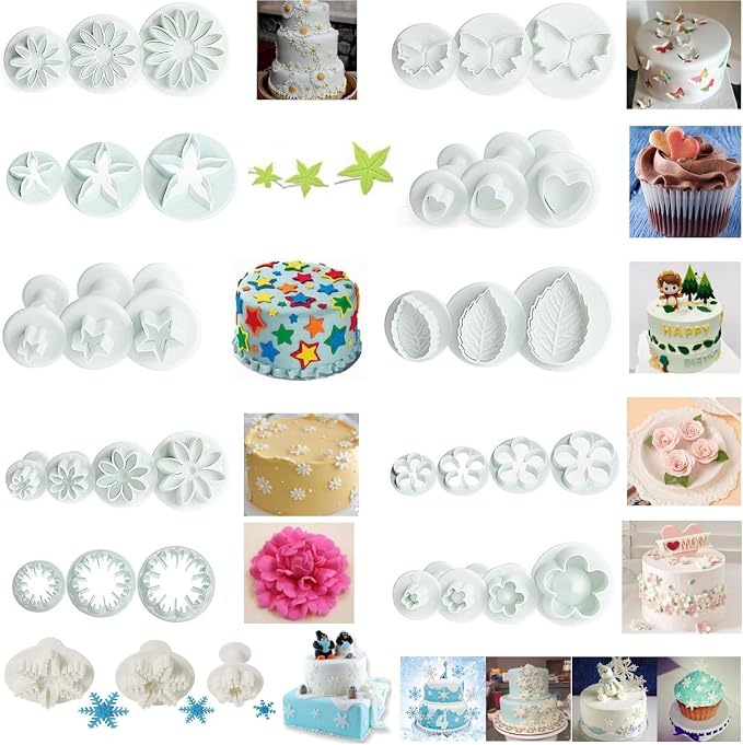 Flower Cookie Cutters,Cake Tools 44 Pcs Snowflake Cookie Cutter Cloud Fondant Cake Plunger Sugarcraft Flowers Leaf Butterfly Heart Shape Decorating Mold DIY Icing Plunger Cutters