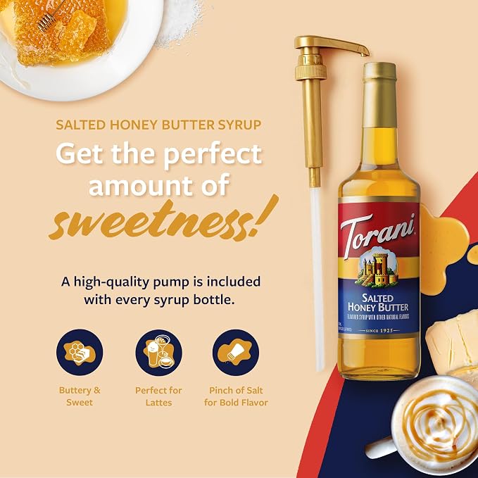 Torani Coffee Syrup, Salted Honey Butter, Flavoring for Drinks and Desserts, Glass Bottle 4-Pack, Pumps Included, 25.4 Fl Oz Ea