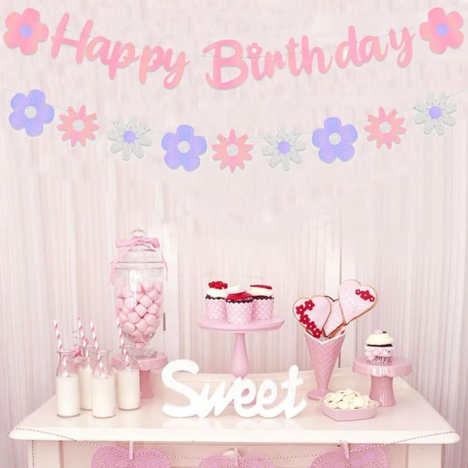 Zwiebeco Pink Floral Happy Birthday Banner Bunting Garland Hanging Paper Party Decoration Supplies for Spring Summer Wildflower Boys Girls Kids Baby Shower Bday Decor Accessories Supplies