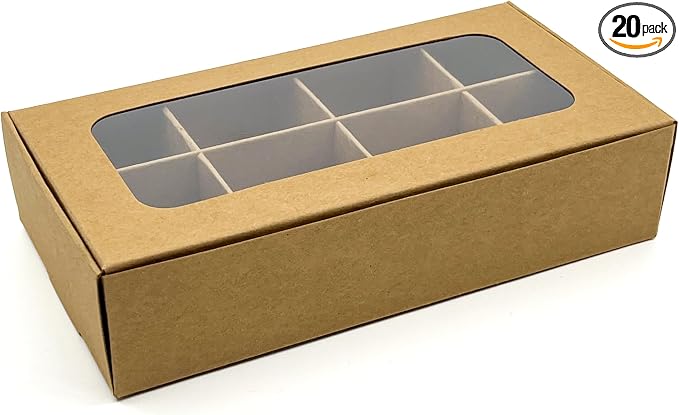 20pcs Kraft Treat Boxes with Window and Dividers | 8 X-SMALL compartments | 6.75 x 3.5 x 1.57 in | Empty candy boxes for gift giving, truffle box - perfect for Valentine's Day