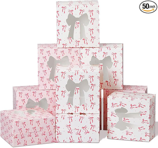 50 Pack Pink White Bow Cookie Boxes with Window 5x5x3 Inch Small Bakery Treat Boxes for Pastry Donuts Macaroon Cupcakes Tea Party Birthday Wedding Bridal Shower Favors
