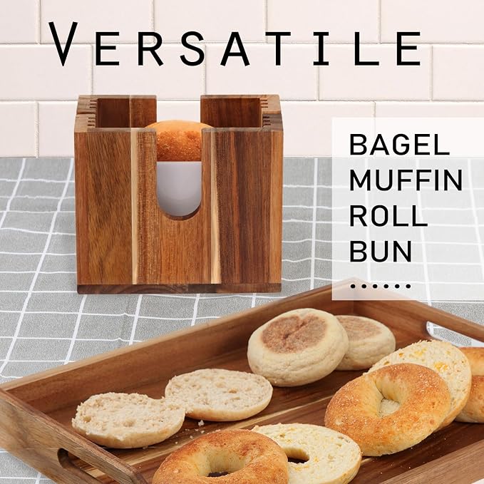 Large Adjustable Bagel Slicer Holder (Upgraded) – Acacia Wood Bread Cutter for different sizes Bagels, Buns, English Muffins – Non-Slip Base, Easy Storage (Large)