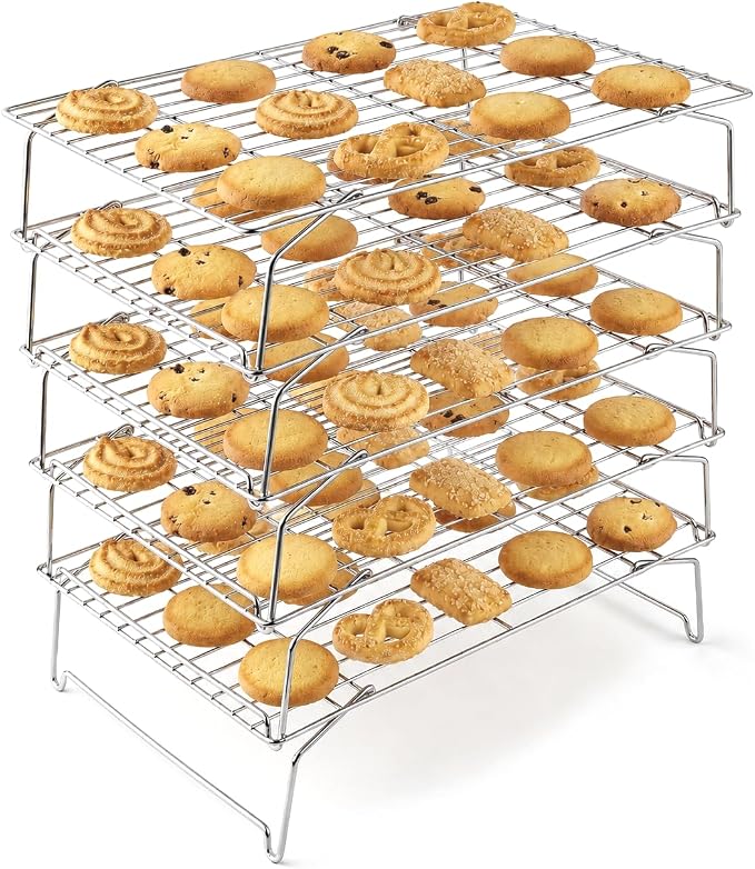 LIANYU Cooling Rack 15"x10", 5-Tier Stackable & Collapsible Stainless Steel Baking Wire Racks for Cooking, Baking, Roasting, Drying, Oven & Dishwasher Safe, Silver
