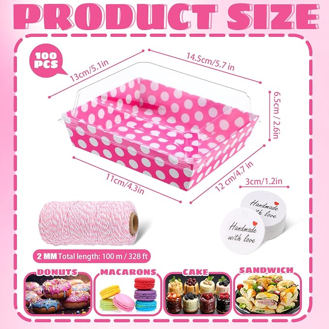Outus 100 Pack Charcuterie Boxes with Clear Lids, 5.7 x 5.1 '', Party Favor Treat Box Paper Food Containers Cake Take out Bakery Box with Gift Tags Rope for Desserts