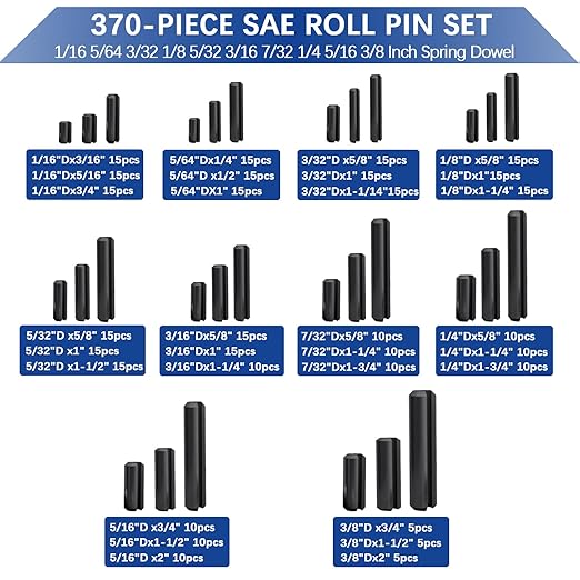 370 Pcs Roll pin Assortment, SAE Roll Pin Set, Slotted Spring Pins, Steel Split Expansion Pin, Black Roll Pins, 1/16 5/64 3/32 1/8 5/32 3/16 7/32 1/4 5/16 3/8 Inch Spring Dowel