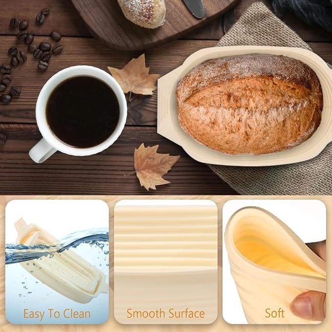 2-Pack Silicone Sourdough Bread Proofing Baskets – 11 x 6 x 4 Inch Oval, Foldable & Non-Stick, Easy to Clean & Store, Ideal for Sourdough Bread Baking