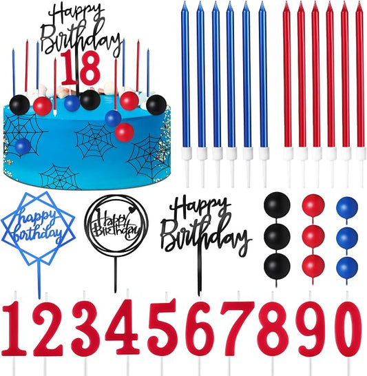 Yerliker 34 Pcs Happy Birthday Cake Toppers Decorations Birthday Candles DIY Cake Decor for Men Women Wedding Anniversary(Blue Red Black)