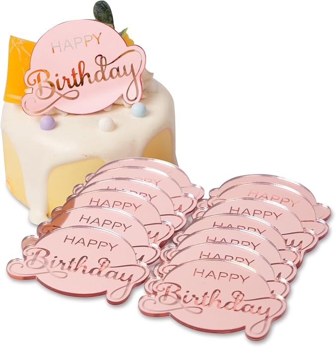 20 Pcs Mirror Acrylic Happy Birthday Cupcake Toppers Pink Happy Birthday Cake Topper Engraved Mini Cake Picks for DIY Birthday Gift Flower Bouquet Pastries Desserts Decor