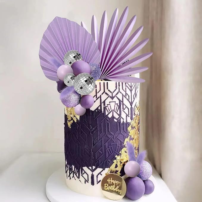 38 PCS Balls Cake Toppers Palm Leaves Cake Decorations for Birthday Wedding Baby Shower Party Supplies (Purple)