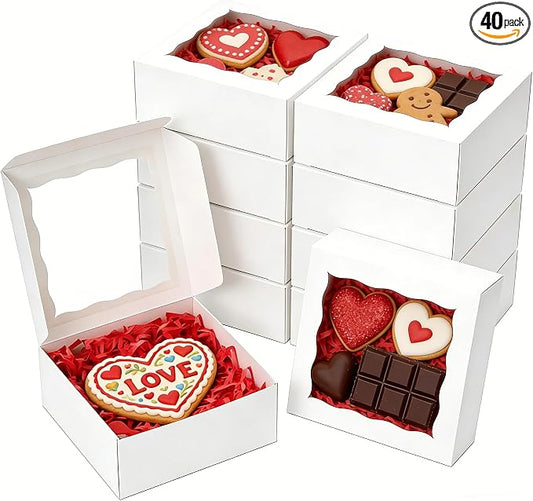 XINHPKGG 40pcs Cookie Boxes 4x4x2 Inch Bakery Boxes with Window Dessert Treat Box Chocolate Covered Strawberries Box for Wedding Party Birthday
