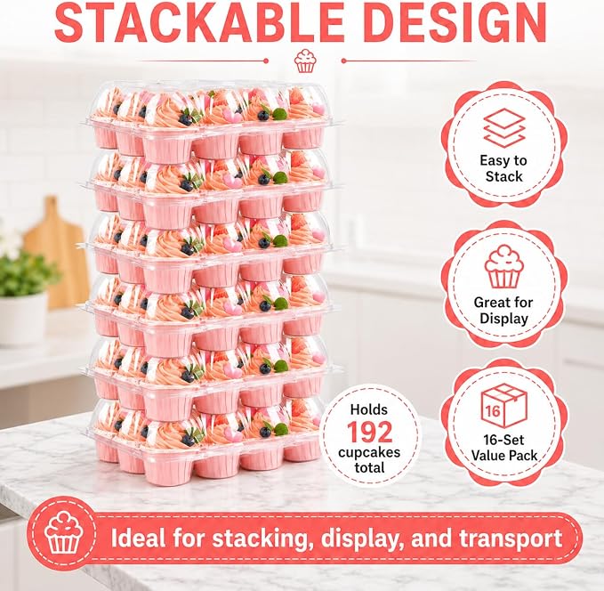 Cupcake Containers Holder - 12 Counts x 16 Sets Stackable Cupcake Boxes Carrier with 200 Pack Liners, Plastic Disposable Clear Cupcake Storage Tray with Detachable Dome Lid for Mini Individual Cake