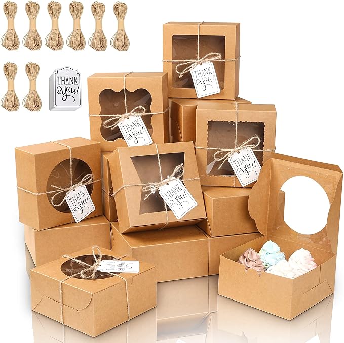 KPOSIYA 65PCS Bakery Boxes with Window 6x6x3 Inches 5 Style Cookie Boxes Small Pastry Boxes for Candy, Dessert, Pastry, Donuts, Birthday Party, Wedding(Brown)