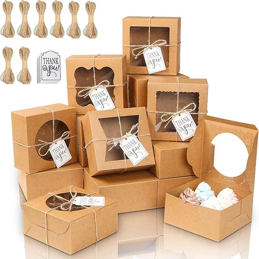 KPOSIYA 65PCS Bakery Boxes with Window 6x6x3 Inches 5 Style Cookie Boxes Small Pastry Boxes for Candy, Dessert, Pastry, Donuts, Birthday Party, Wedding(Brown)
