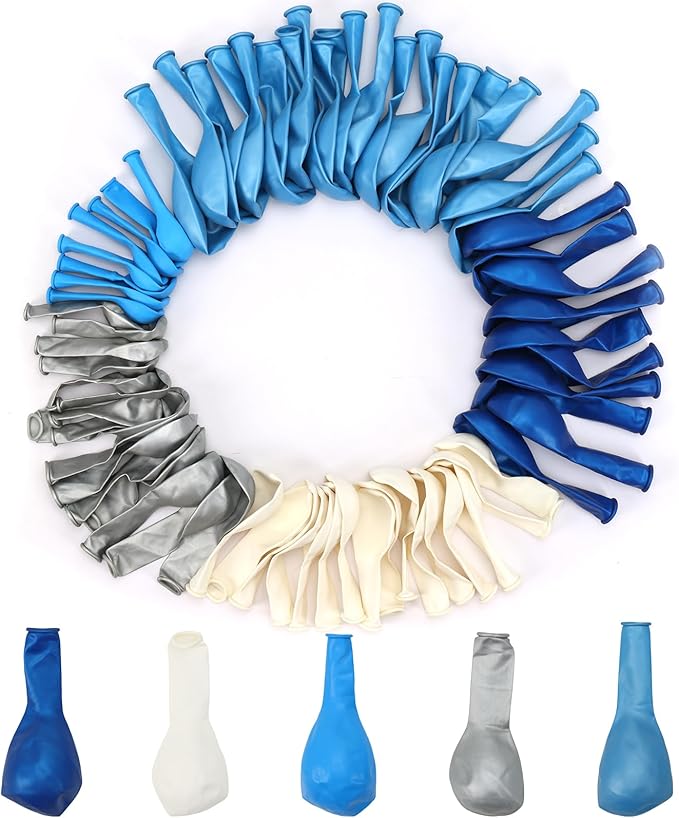 RUBFAC 144pcs Blue Balloons Arch Garland Kit, 18/12/10/5 Inch Blue White and Silver Party Balloons Silver Confetti Latex Balloons for Birthday Wedding Baby Shower Deorations