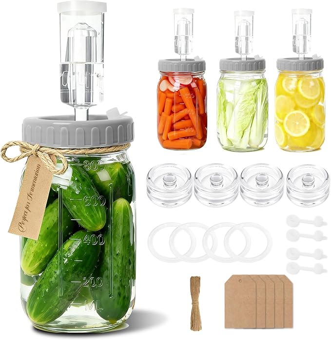 4-Pack Mason Jar Fermentation Kit(Jars Included) Four 32oz Fermentation Jars with Plastic Fermenting Lids, Airlocks, Silicone Rings & Grommets, and Glass Weights for Easy Fermenting & Storage