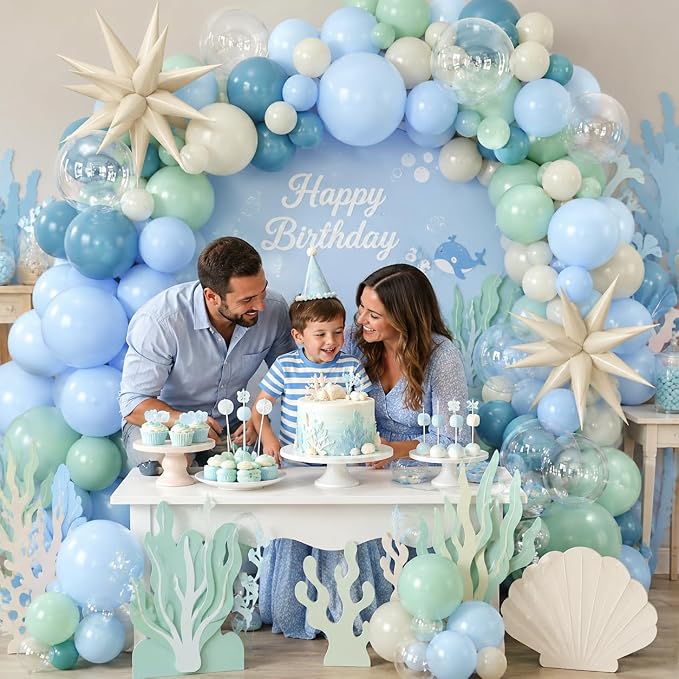 Under the Sea Balloon Arch Garland Kit with Dusty Blue Pastel Green Sand White Star Foil Balloon for Ocean Themed Birthday Baby Shower Party Decorations