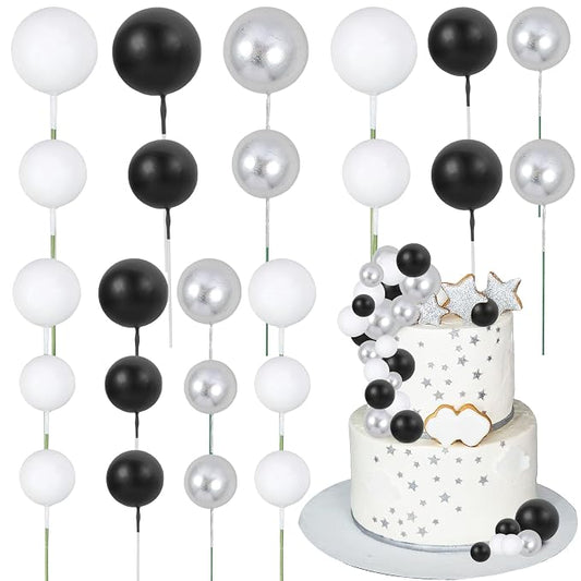 Gyufise 30Pcs Balls Cake Toppers Ball Picks Ball Shaped Cupcake Toppers Foam Balls Cake Topper Mini Balloons Cake Decorations for Wedding Baby Shower Birthday Party Supplies Black White Silver