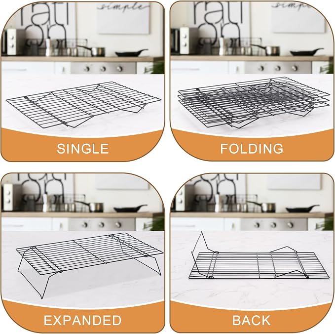 Cooling Rack for Baking 3 Tiers, 16" x 10" Cookie Cooling Wire Rack Stackable Collapsible Nonstick, Stainless Steel Baking Cooking Cooling Racks with Optimum Air Flow, Black