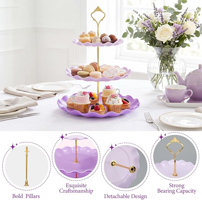 FoldTier 6 Pack Cupcake Stand Set 3 Pcs 3 Tier Gradient Dessert Table Display Stands Cookie Tray Rack 3 X14 in Rectangle Party Trays for Wedding Birthday Tea Party Baby Shower(Purple,Round)