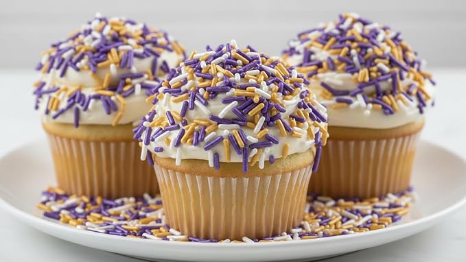 NCS Pearlized White, Purple & Gold Jimmies Edible Sprinkles – Cupcake, Cake & Cookie Decorations, 7 oz