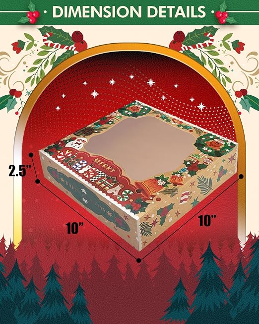 qiqee Christmas Kraft Cookie Boxes with Window 12packs 10x10x2.5 Inch Bakery Box Pastry Box for Christmas