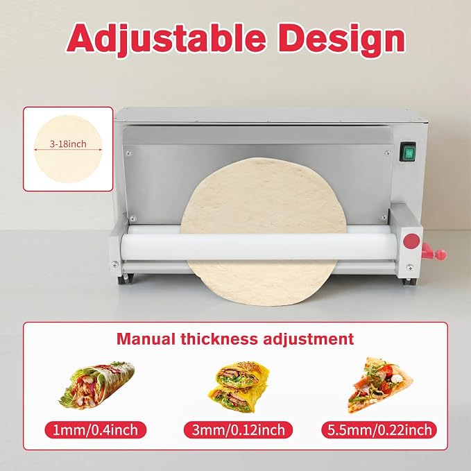 3-18 Inch Pizza Dough Roller Sheeter, 110V 450W Electric Stainless Steel Dough Roller Sheeter Commercial Automatic Pizza Press Making Rolling Machine with Adjustable Thickness for Bakeries Pizza Shop