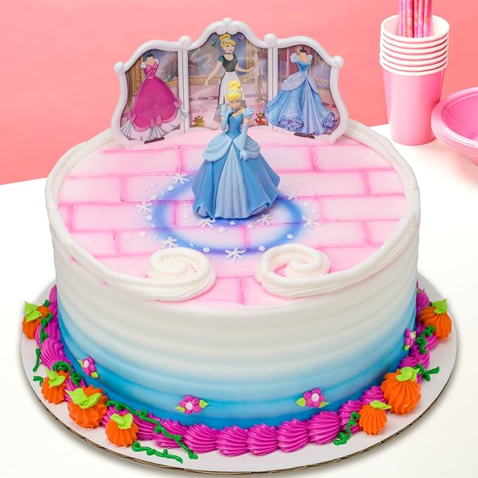 DecoSet® Disney Princess Cinderella Transforms Cake Topper, 4-Piece Birthday Cake Decorations Set with Figurine and Dress Stickers