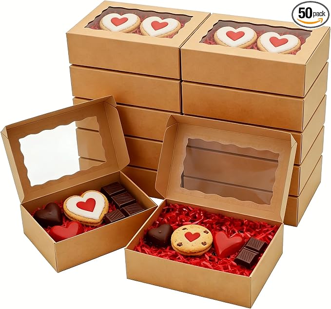 50pcs Cookie Boxes with Window 8x5x2 Inches Bakery Boxes Treat Box Dessert Box for Macaron Truffle Chocolate Covered Strawberries - Brown
