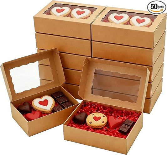 50pcs Cookie Boxes with Window 8x5x2 Inches Bakery Boxes Treat Box Dessert Box for Macaron Truffle Chocolate Covered Strawberries - Brown