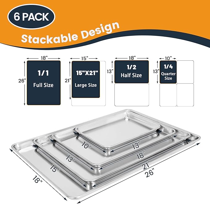 6 Pack Quarter Size Aluminum Baking Sheet Pan, 13 x 10 in | NSF, Aluminum Commercial Cookie Sheets, Non-Stick, Oven Safe Up to 500℉